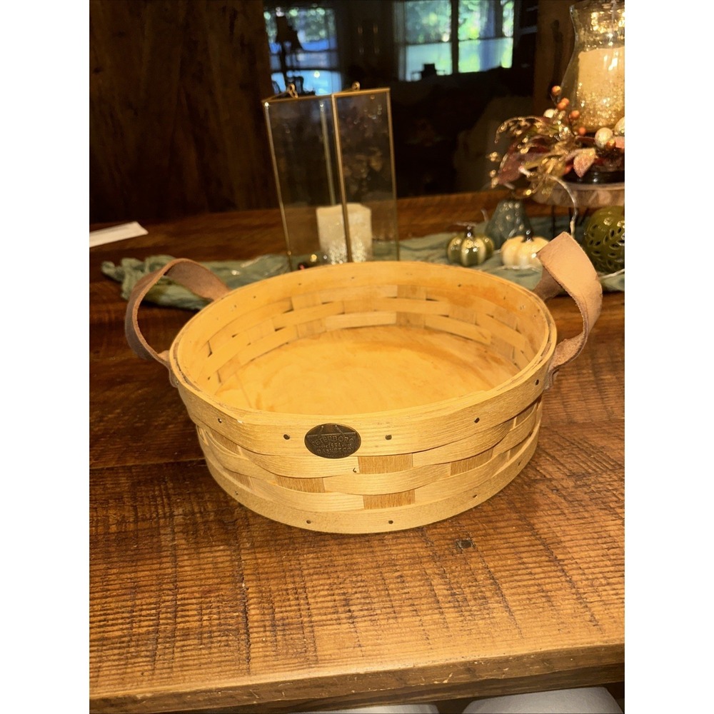 Vintage Peterboro Round Pie Basket With Leather Handles And Felt Bottom 12" Dia